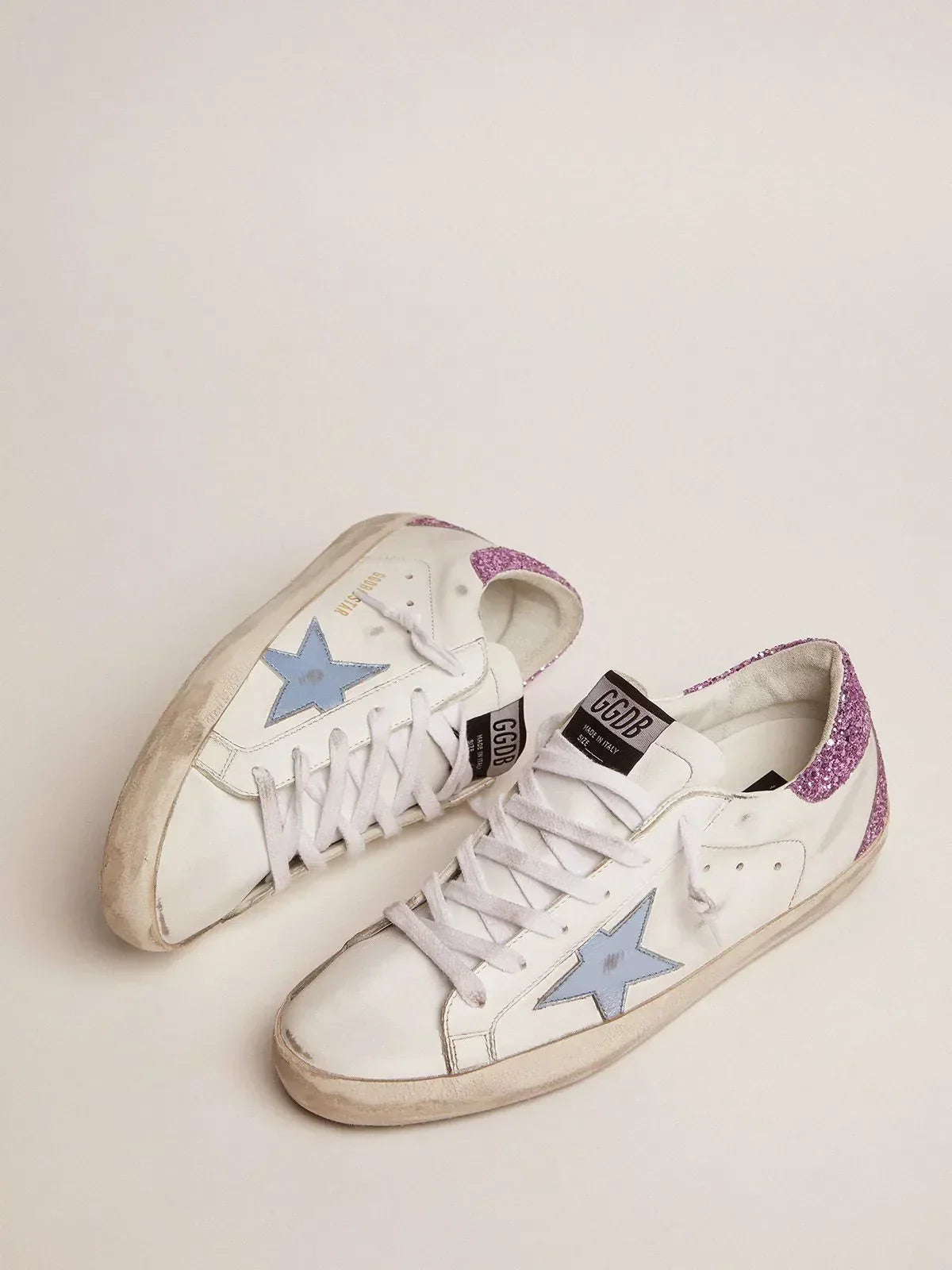 Super-Star sneakers with lavender glitter heel tab and light-blue metallic leather star